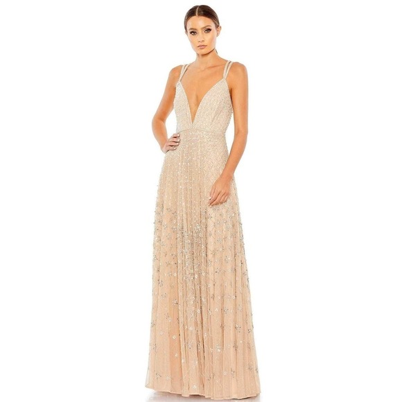 Mac Duggal Plunging V-Neck A-Line Maxi Dress Natural Size 10 NWT - Picture 2 of 12